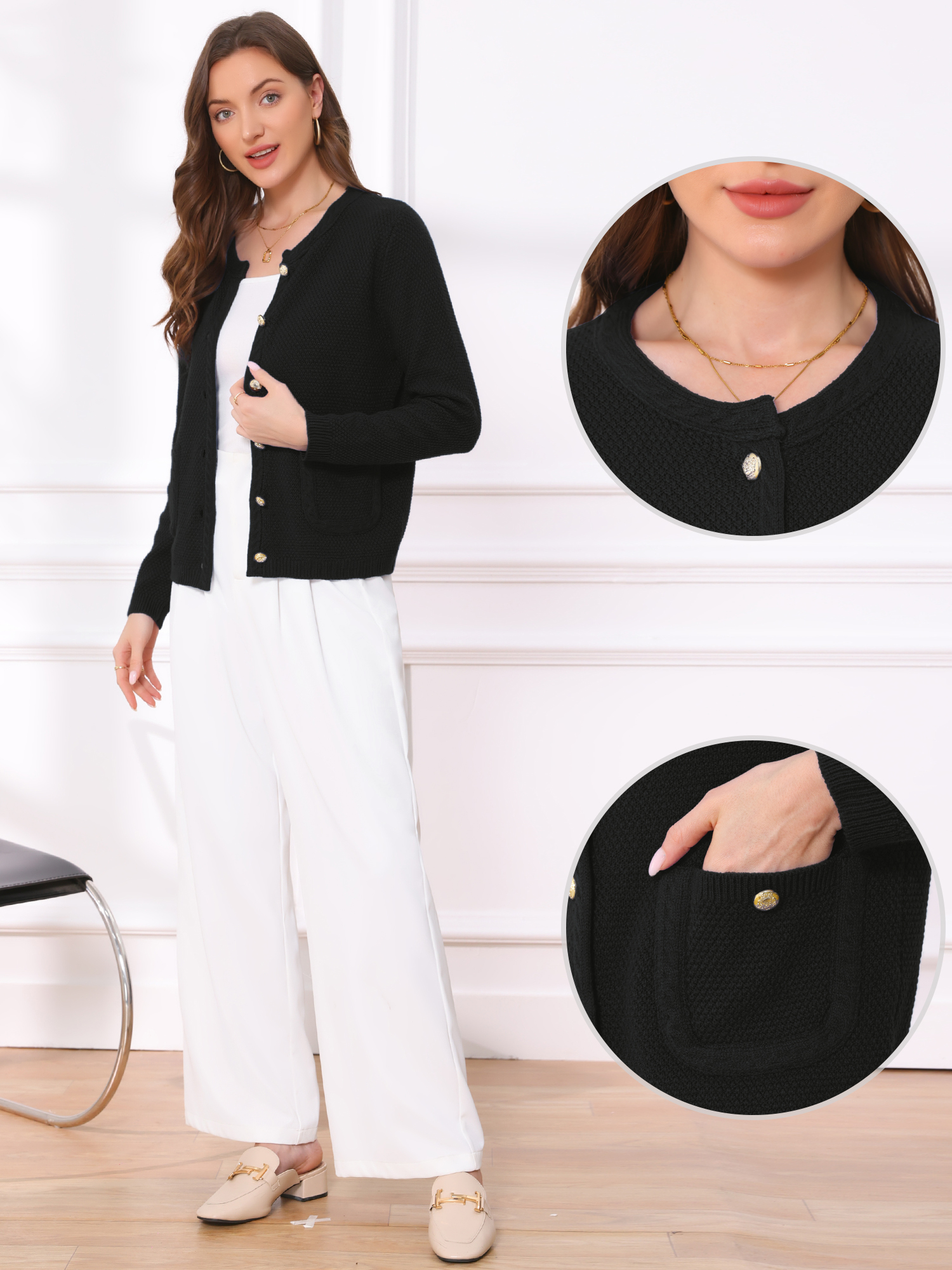 DARING DIVA Sweaters Collarless Button Up Dressy Chunky Knit Cardigan XL Black