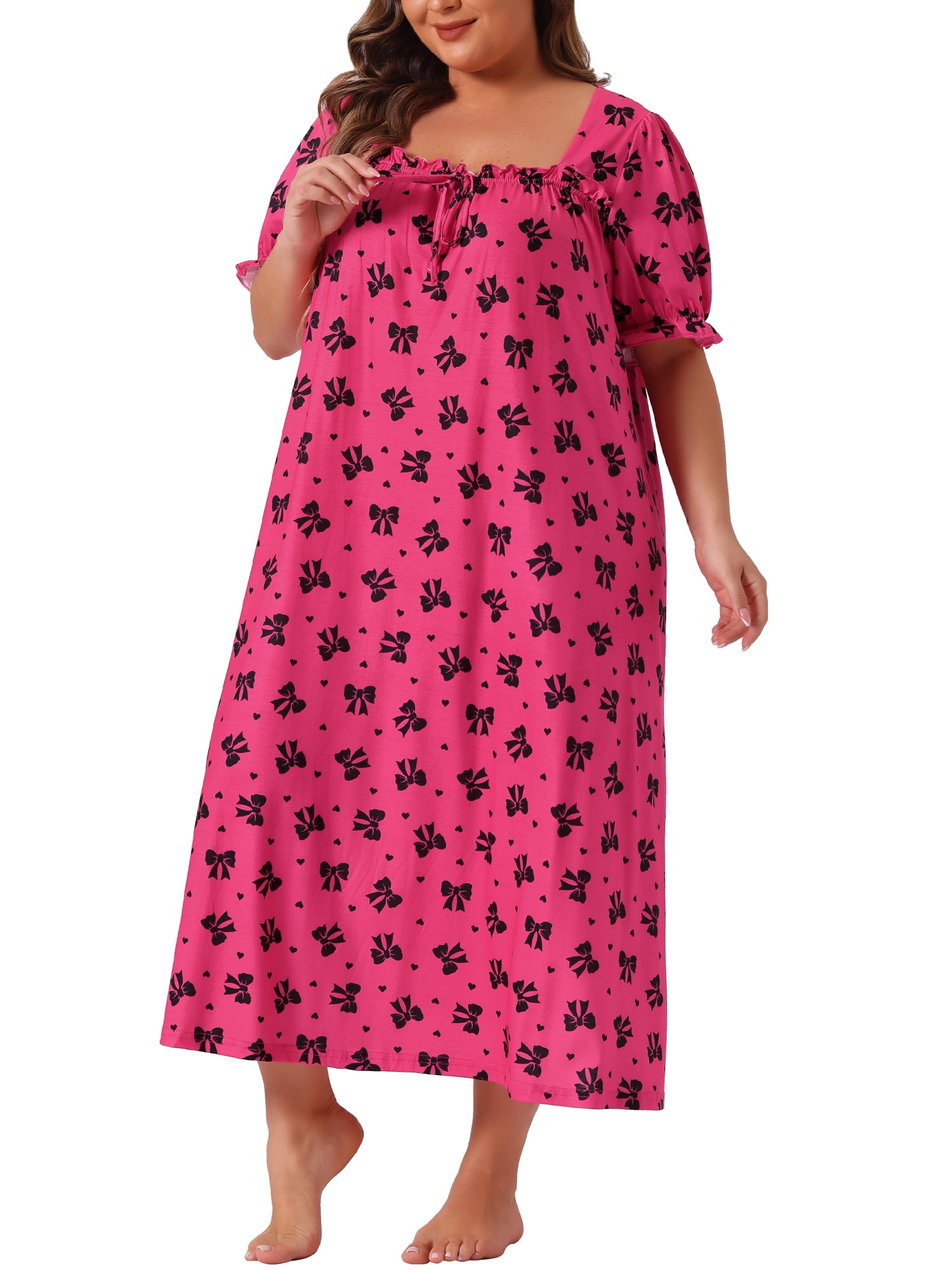 DARING DIVA Women's Plus Soft Crew Neck Cute Cherry Ruffle Nightgown 2X Hot Pink