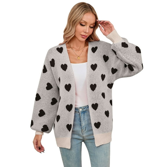 Women's Heart Knit Cardigan Sweater, V-Neck Long Sleeve Loose Fit Casual Knitwear for Fall and Winter