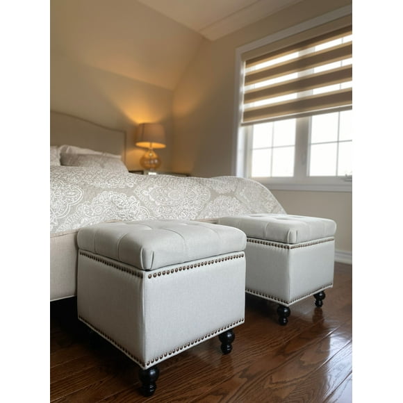 Flannel Upholstered Beckmann Tufting Ottoman Footstool in WHITE -Contemporary Pouf-Storage Ottoman with Flip-up Hinged Lid