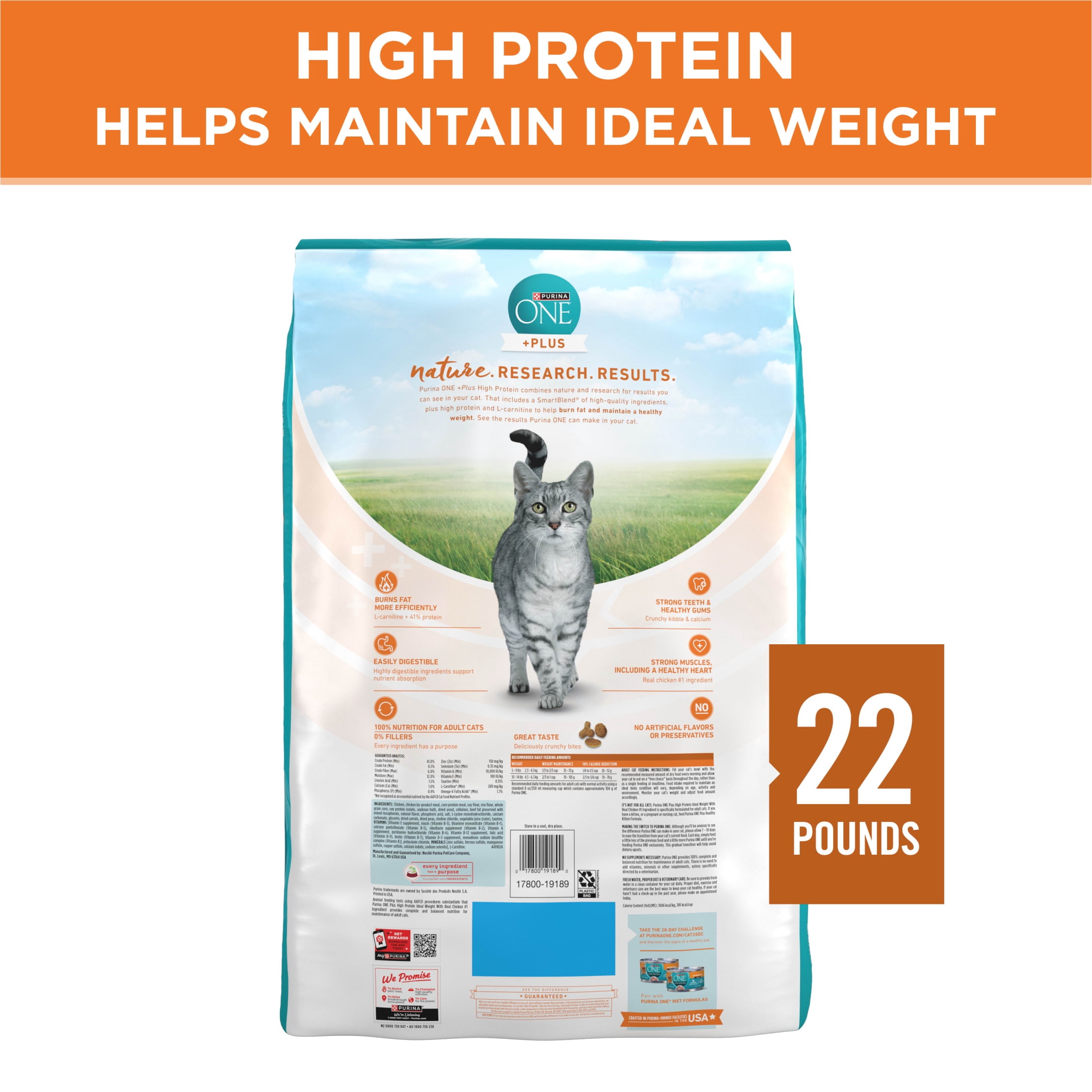 Purina ONE Plus Weight Control Chicken Flavor Dry Cat Food, 22 lb Bag