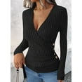 thumbnail image 6 of Womens Long Sleeve Shirts V Neck Ribbed Knit Slim Fit Button Light-Weight Sweater Fall Casual Work Tops Black L, 6 of 9