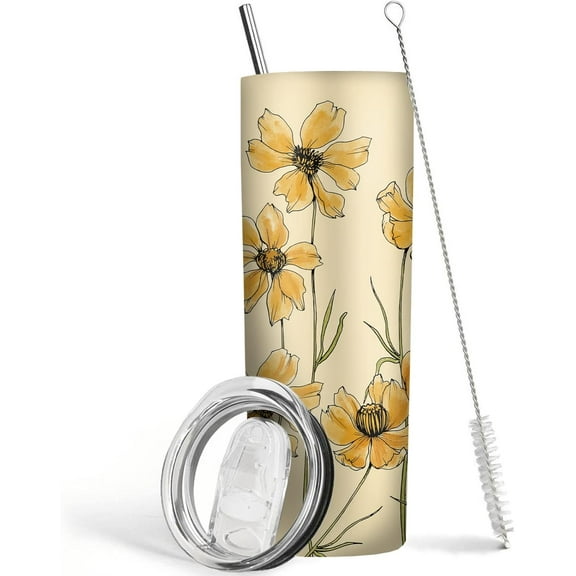 Flower Tumbler 20 oz Travel Coffee Mug Floral Print Skinny Tumblers with Lid and Straw Stainless Steel Insulated Coffee Cups Gift for Flower Lover