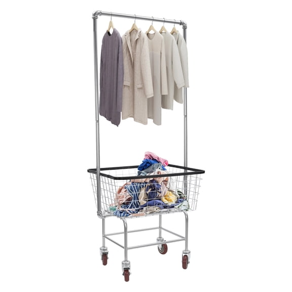 Haraisyo Steel Rolling Laundry Cart, w/ Removable Baskets & Hanging Rod Max 110 LBS Load Capacity for Home, Hotel & Commercial Laundry