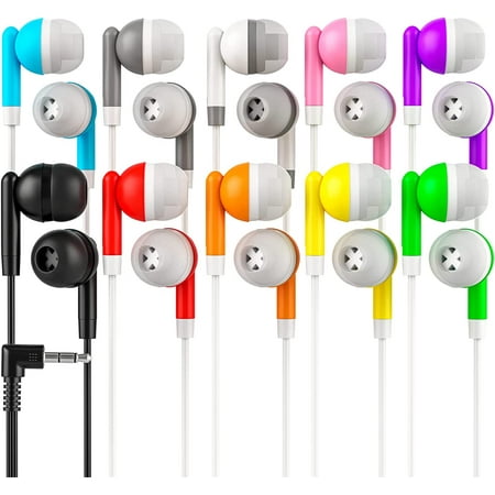 Kids Earbuds Headphones 10 Pack Wholesale Bulk School / Library / Office Supplies Disposable Earphone Earbuds for Kids, Adults - Individually Bagged Gift - Multi Color