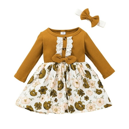 

ZMHEGW Cute Kids Dresses Bow Splice Party Princess Baby Floral Toddler Kid Ribbed Ruffled Skirt Christmas Dress For Kid