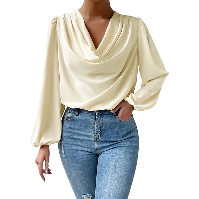 Blusa de gasa para mujer con cuello en V, volantes, pliegues y mangas acampanadas, blusa holgada informal para otoño