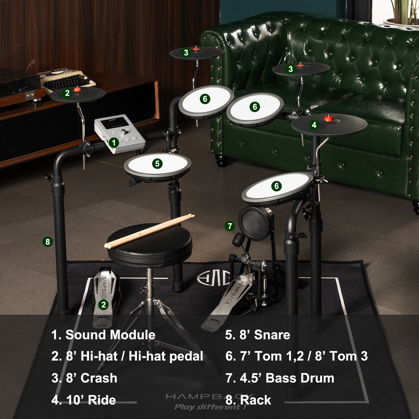 HAMPBACK MK-0 Plus Electric Drum Set for Beginner  5" Kick Drum, Quite Mesh Pads, Full Rubber Crash, 12 Drum Kits and 74 Sounds, Bluetooth, Throne, Sticks, Headphones.