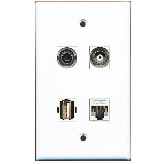 RiteAV - 1 Port USB A-A 1 Port 3.5mm 1 Port BNC 1 Port Cat5e Ethernet White Wall Plate