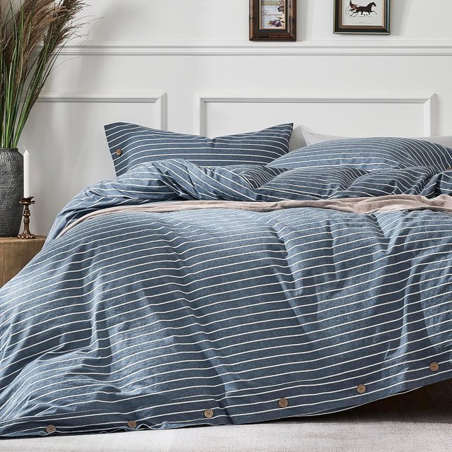 Cotton Duvet Cover Queen Size Pinstriped Comforter Cover with Button Washed Cotton Breathable Soft Solid Bedding Set Duvet Cover ×in & Pillowcases (NO Comforter)