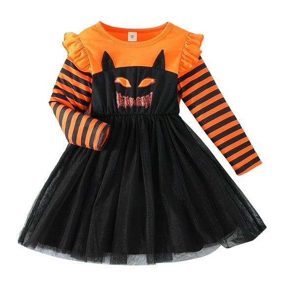 DAKIMOE Halloween Girls Dress Long Sleeve Tutu Pumpkin Skirt Princess Party Tulle Dress Fall Clothes, Black, 4Y
