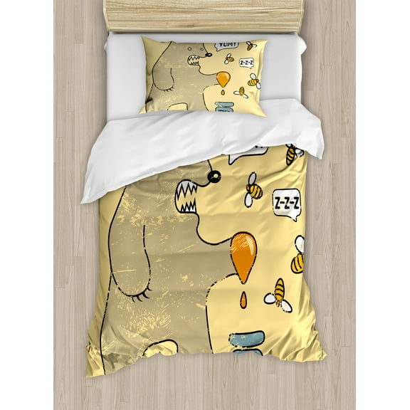 Cartoon Duvet Cover Set, Caricature Style Bear Bees and Honey Saying Yum Comic Graphic Print, Decorative 2 Piece Bedding Set with 1 Pillow Shams, Twin Size, Taupe Yellow, by Ambesonne