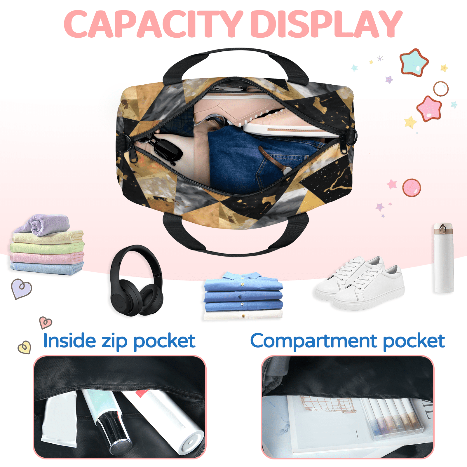 Herdesigns Black Gray Gold Marble Travel Duffle Bag Sports Yoga Weekender Overnight Carry on Workout Bags Lightweight Waterproof Gym Tote Bag for Women