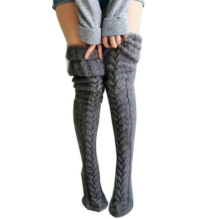 

Women Winter Wool Thigh High Stocking Twist Knit Solid Color Fluffy Over Knee Socks