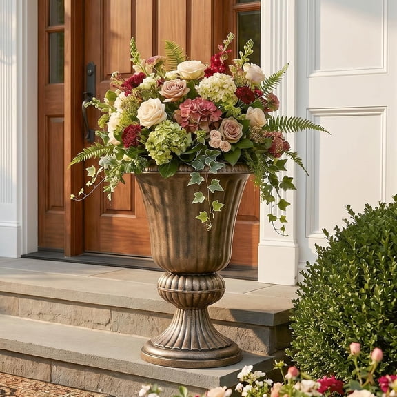 ZBAKF 20 Inch Urn Planter for Outdoor Plants, Bronze | Vintage Plastic Plant Pots, Pedestal Flower Pots, Decorative Garden Planters, for Porch, Home, Patio