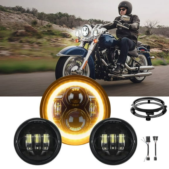 Nilight 7 inch Motorcycle LED Headlight 4.5" Fog Lights Halo Turn Signal DOT Compatible with Harley Davidson Electra Street Glide Fat Boy Road King Heritage Softail CVO, Black