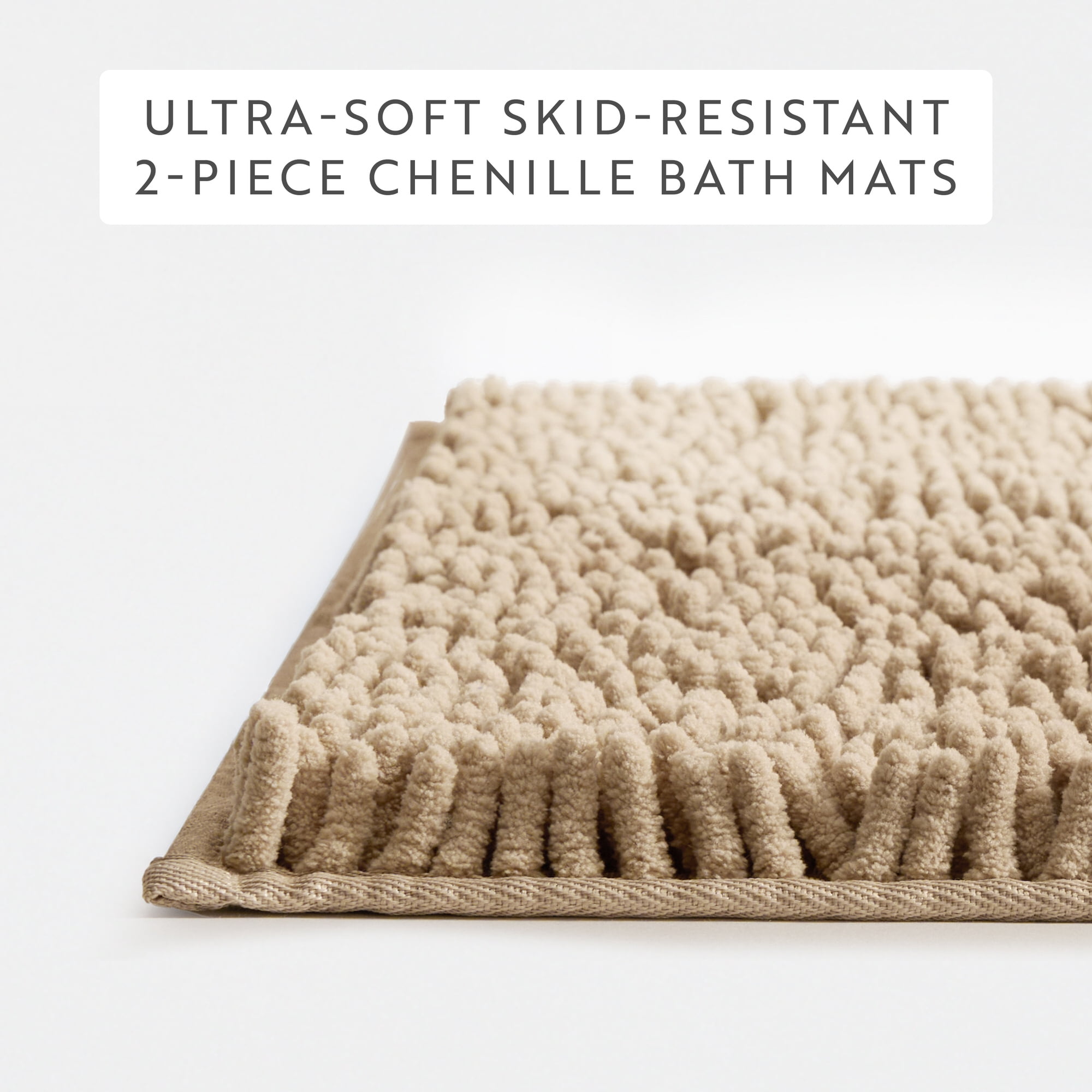 Soft Absorbent Chenille Bath Mat Rug with Anti-Skid Rubber Backing, 2 Pack, Tan, by Noble Linens