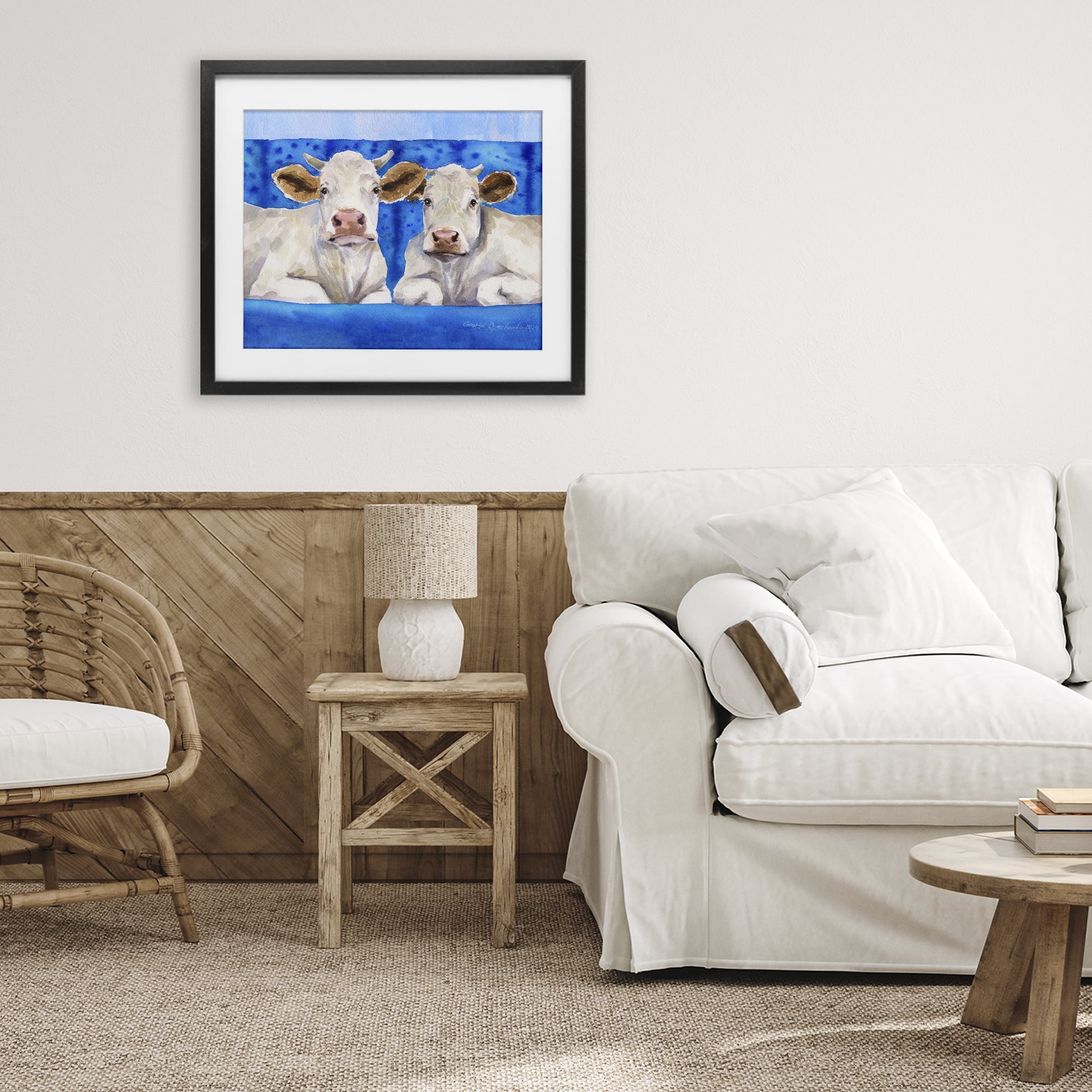 Stupell Industries White Cows on Blue Sofa Black Framed Print Under Glass, design by George Dyachenko
