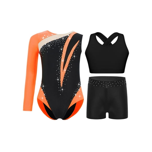 vastwit Leotards for Girls Gymnastics Bodysuits 3-Piece Dance Performance Sparkly Training Suit Biketards Orange 6