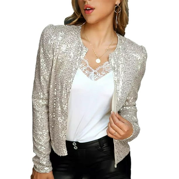 ALSLIAO Women Sequin Jackets Open Front Blazer Casual Long Sleeve