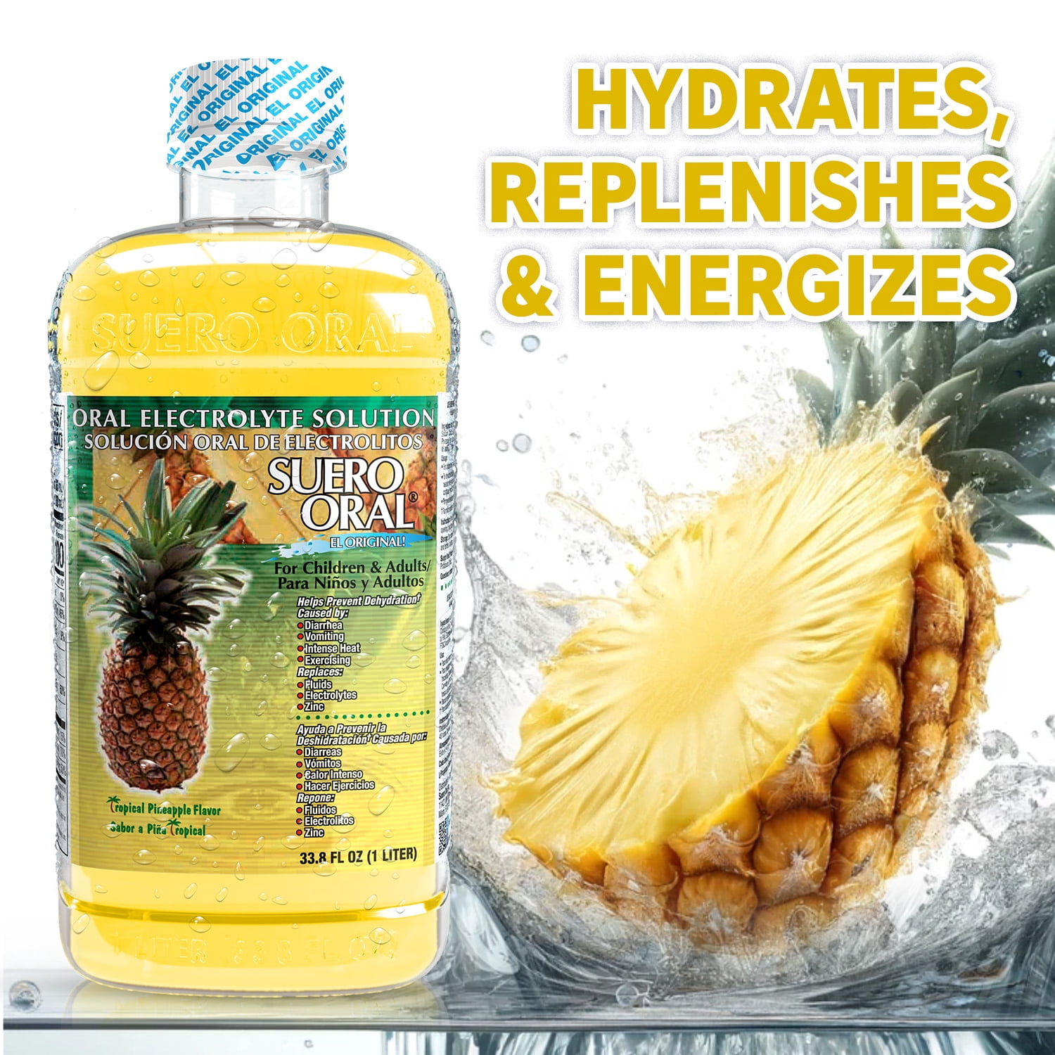Suero Oral Electrolyte Solution - Hydration Booster for Kids & Adults, Pineapple Flavor, 1 Liter