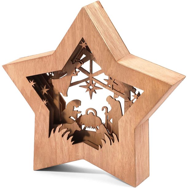 Unfinished Wood Nativity Scene DIY Craft 10" Christmas Decorative Wooden Star Shaped Ornament