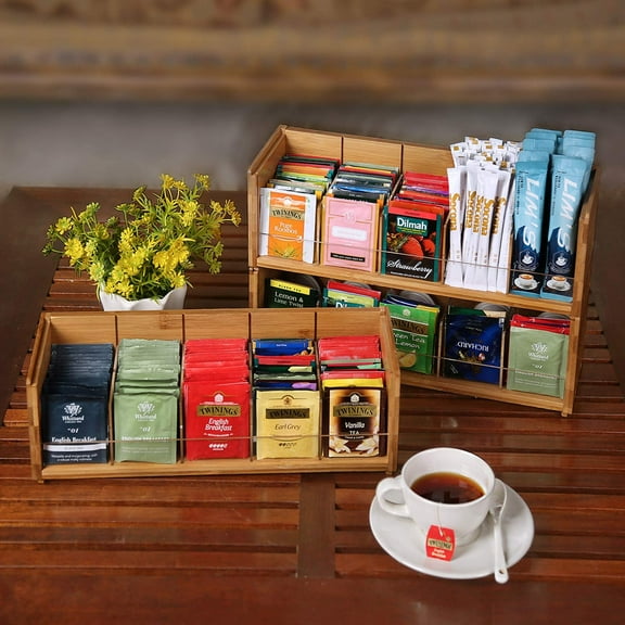 3 Tier Bamboo Tea Bag Organizer Storage Box with Acrylic, Wall Mount Tea Chest for Kitchen Pantry