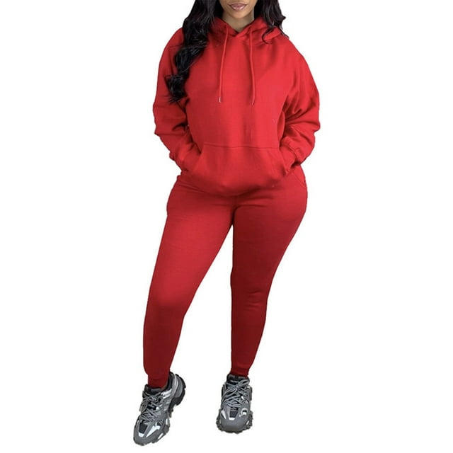 MAWCLOS Ensemble de Jogging à Capuchon Coupe Ample pour Femmes, Course avec Poches, Ensembles de Détente, Grand Rouge 2TG