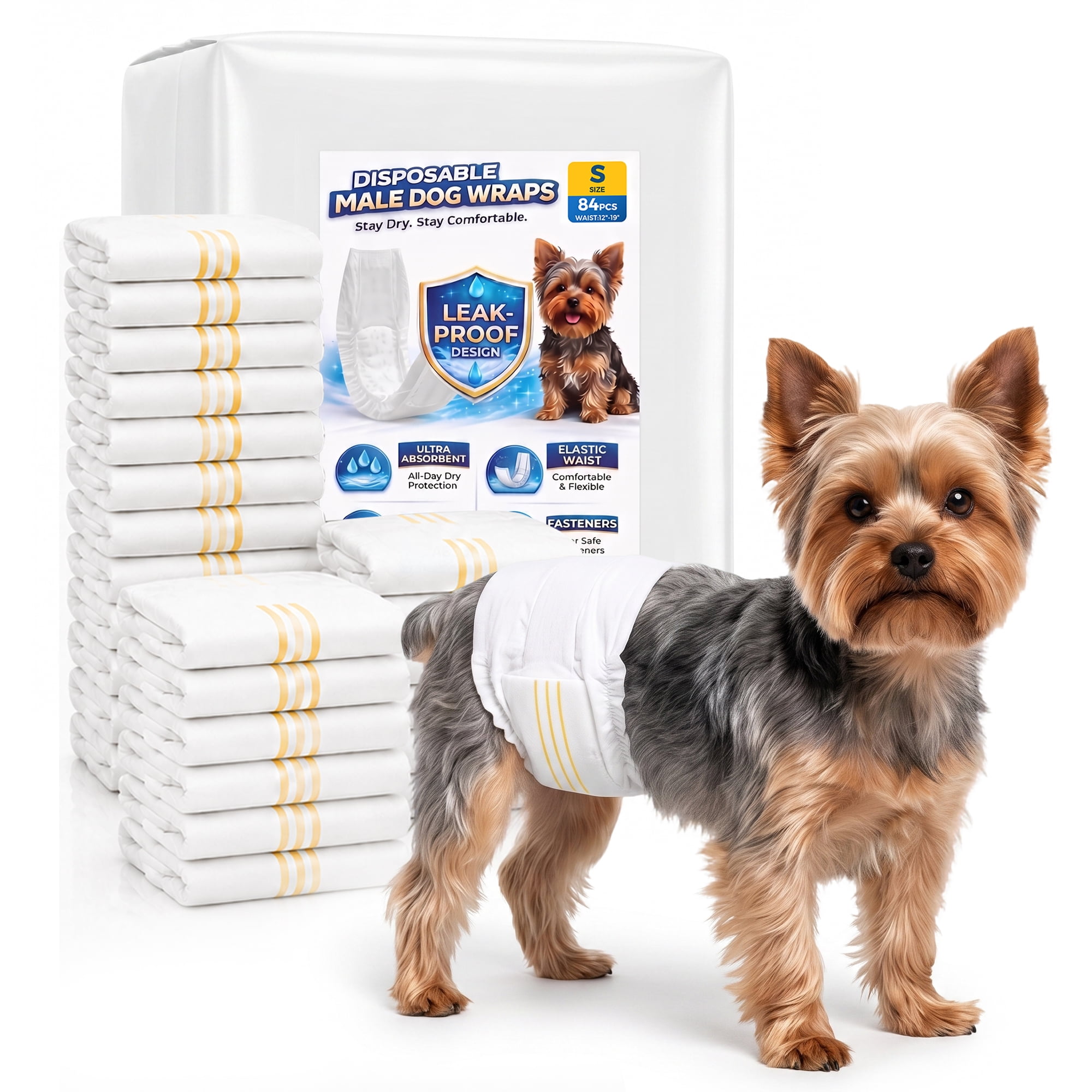 Tolobeve Disposable Male Dog Wraps, Small Size, 84 Count, Super Absorbent, Breathable, Wetness Indicator, 360 degree Leak-proof