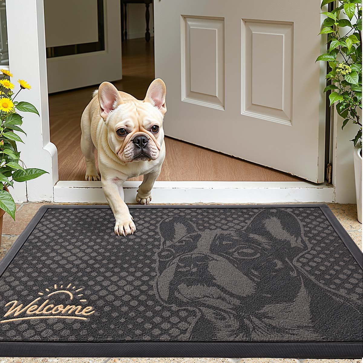 PABUBE Outdoor Doormat, French Bulldog Welcome Mat, Heavy Duty Durable Doormat Outdoor Entrance, Non-Slip Dirt & Mud Trapper Outdoor Mat for Front Doors