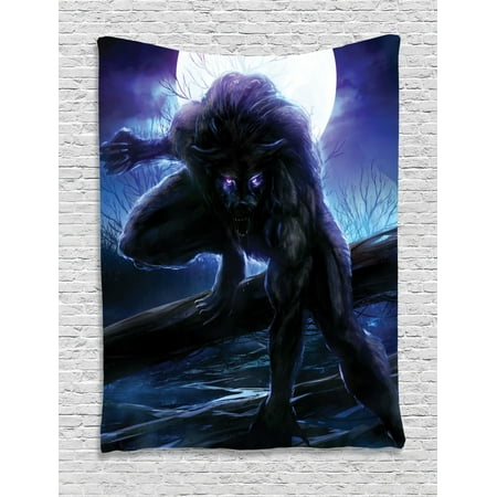 Fantasy World Tapestry, Surreal Werewolf with Electric Eyes in Full Moon Transformation Folkloric, Wall Hanging for Bedroom Living Room Dorm Decor, Purple Blue, by (Best Blue Eyes In The World)