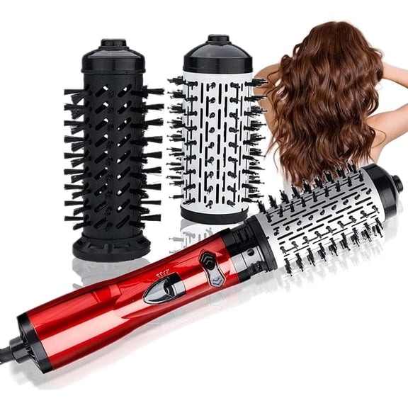3 in 1 Hot Air Styler Rotating Hair Dryer, Blow Dryer Brush in One 2 Interchangeable Brushes, Auto Rotating Curling Hot Hair Brush for Dry and Wet Hair,Red