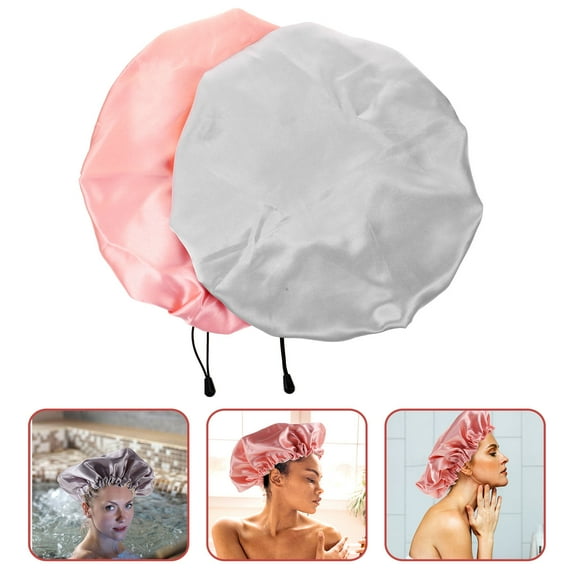 Supvox Satin Shower Cap Adjustable Sleeping Bonnets Grey 2Pcs