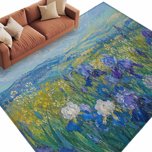 Blue Spring Floral Area Rug 5x7 Washable Rug Non Slip Sky Wildflowers Vintage Oil Painted Large Area Rug Soft Stainresistant Indoor Floor Carpet for Living Room Bedroom Home Office Dining Room