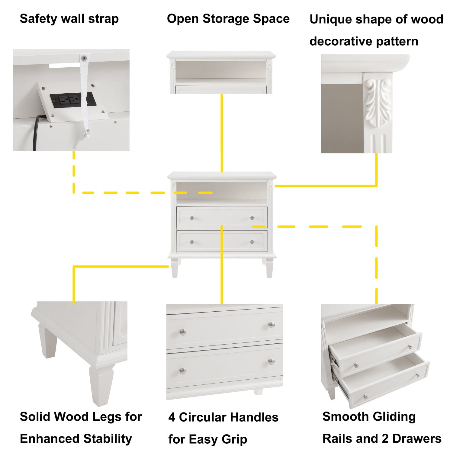 Nightstand with Charging Station, Farmhouse End Table with 2 Drawers and Open Shelf, USB Ports & Outlets, Fluted Design Bedside Table with Solid Wood Legs, White