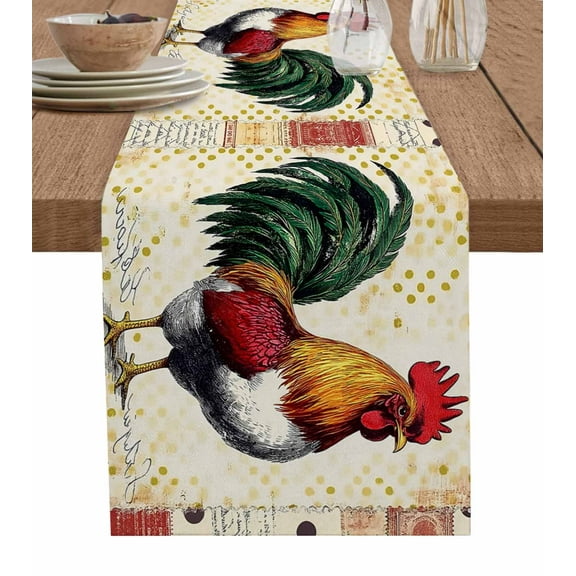 Vintage Rooster Burlap Cotton Table Runner 13x120 Inches Long, Watercolor Animals Polka Dots Farmhouse Table Runners, Outdoor Dining Tablecloths Decor for Baby Shower/Party/Wedding