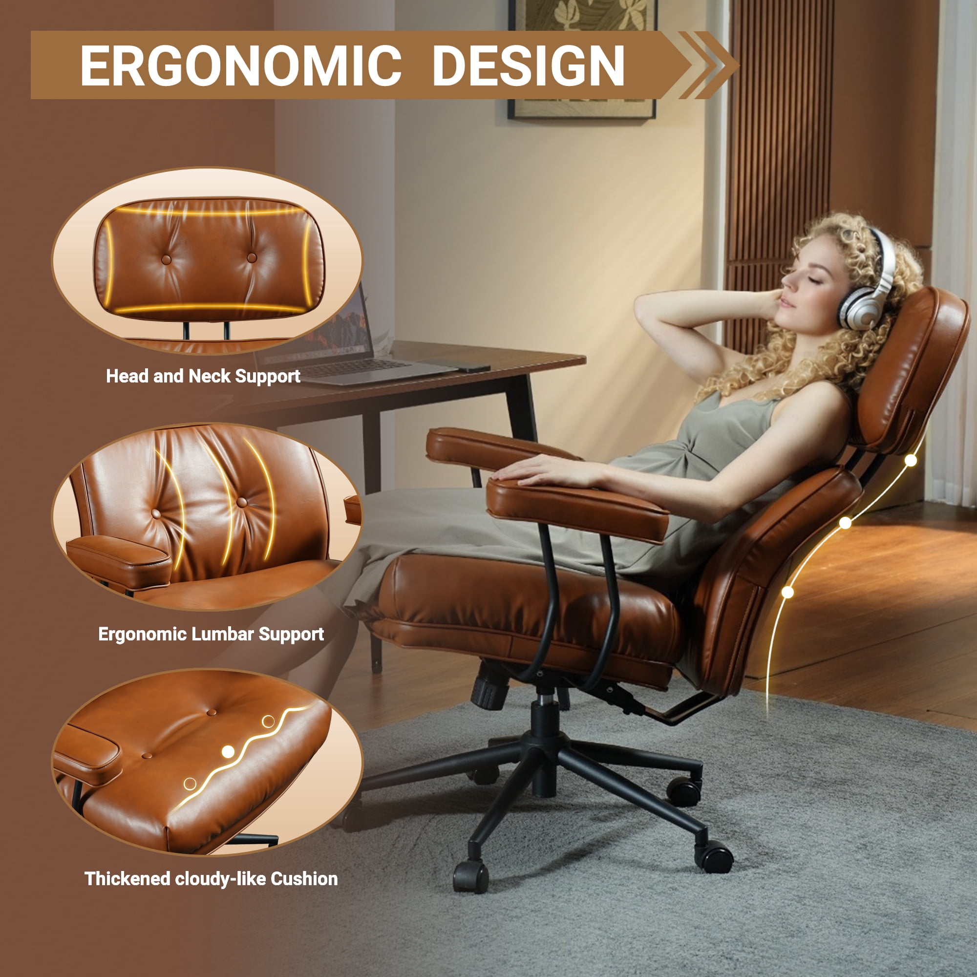Ovios PU Leather Office Chair High Back Ergonomic Desk Chair with Lumbar Support Mid-Century Executive Computer Chair with Wheels for Home Office, Brown