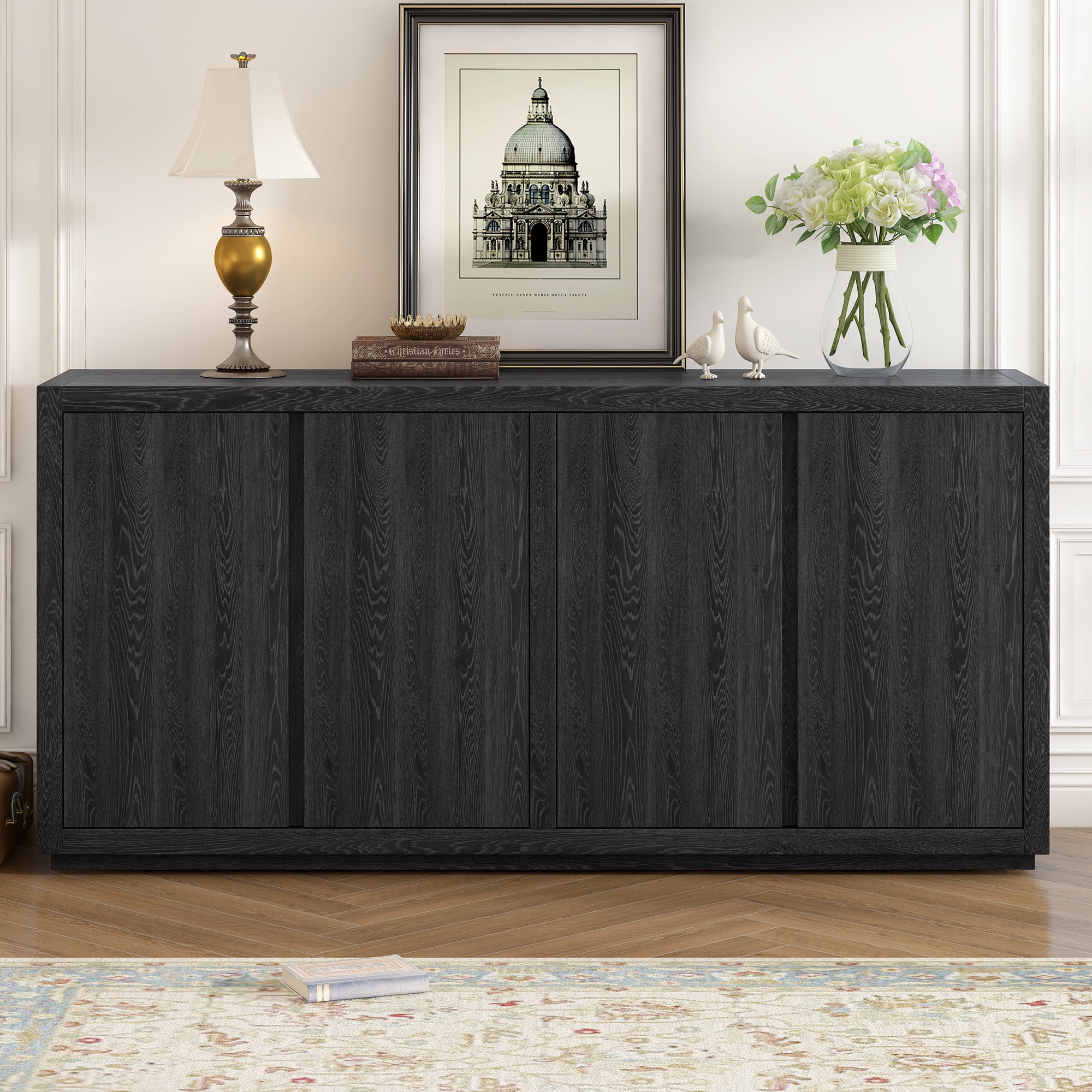 Lunale 63.1" Four-Door Sideboard Cabinet with Ash Veneer, Storage Buffet Cabinets for Entryway, Living Room, Black