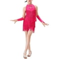 thumbnail image 1 of RUNQHUI Robe de Danse Latine à Franges pour Filles, Robe de Patinage Artistique Salsa Tango avec Gants Rose Vif 120, 1 of 7