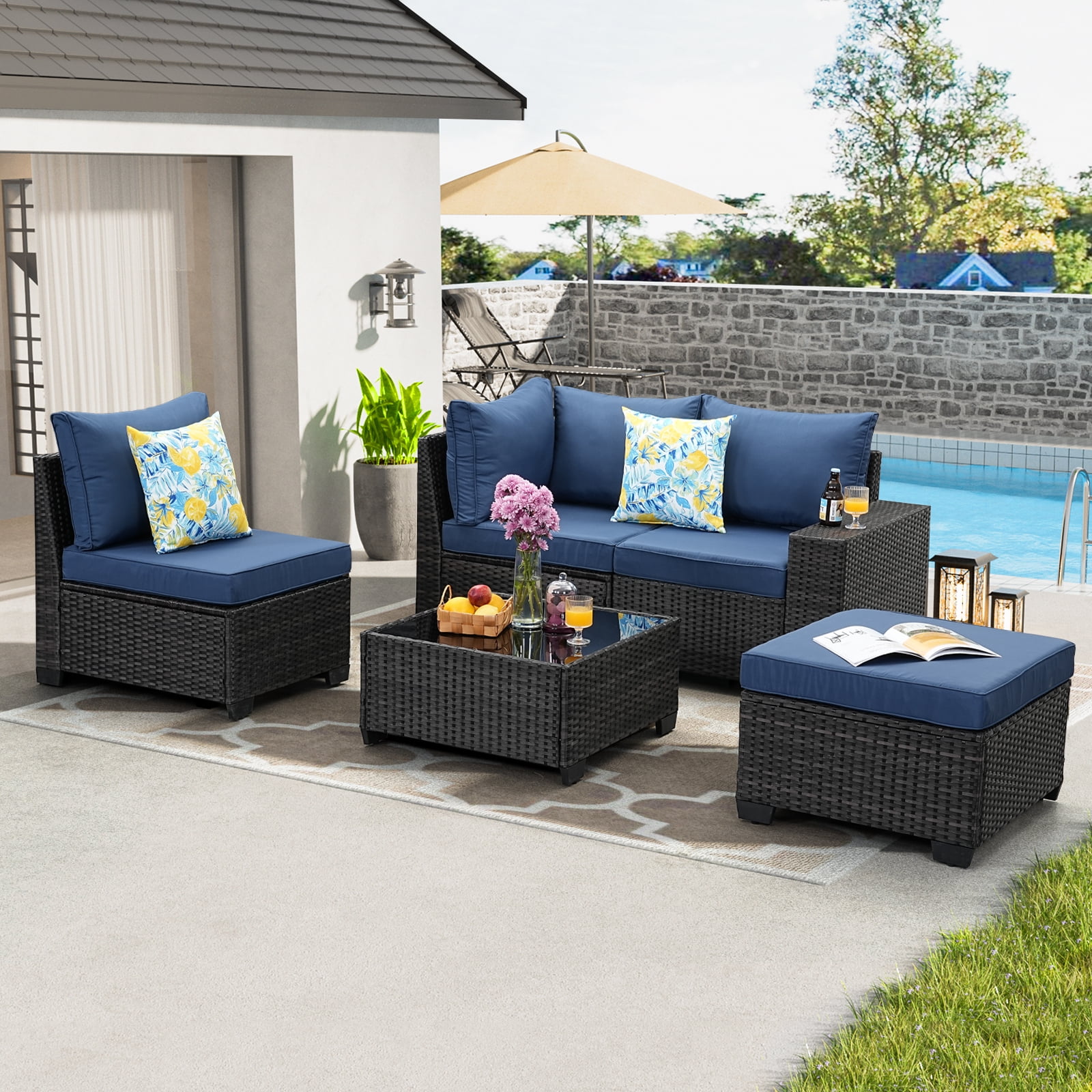 JOYURE 5 Pieces Patio Furniture set All-Weather Outdoor Wicker Sectional Conversation Sofa Rattan patio seating sofa with cushion and Glass Table and Ottoman for Porch Poolside,Navy