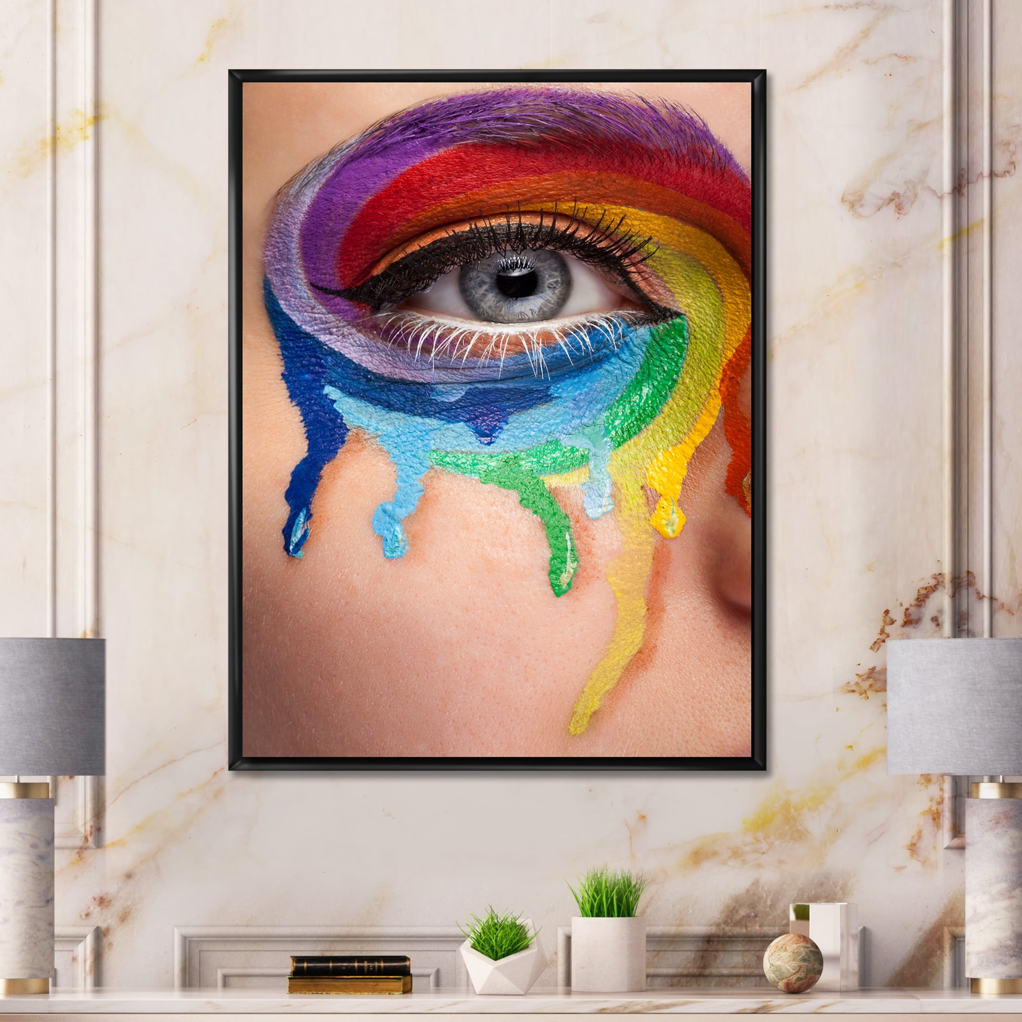 Designart 'Close Up Eye With Colourful Cry In A Wheel Arround' Modern Framed Canvas Wall Art Print
