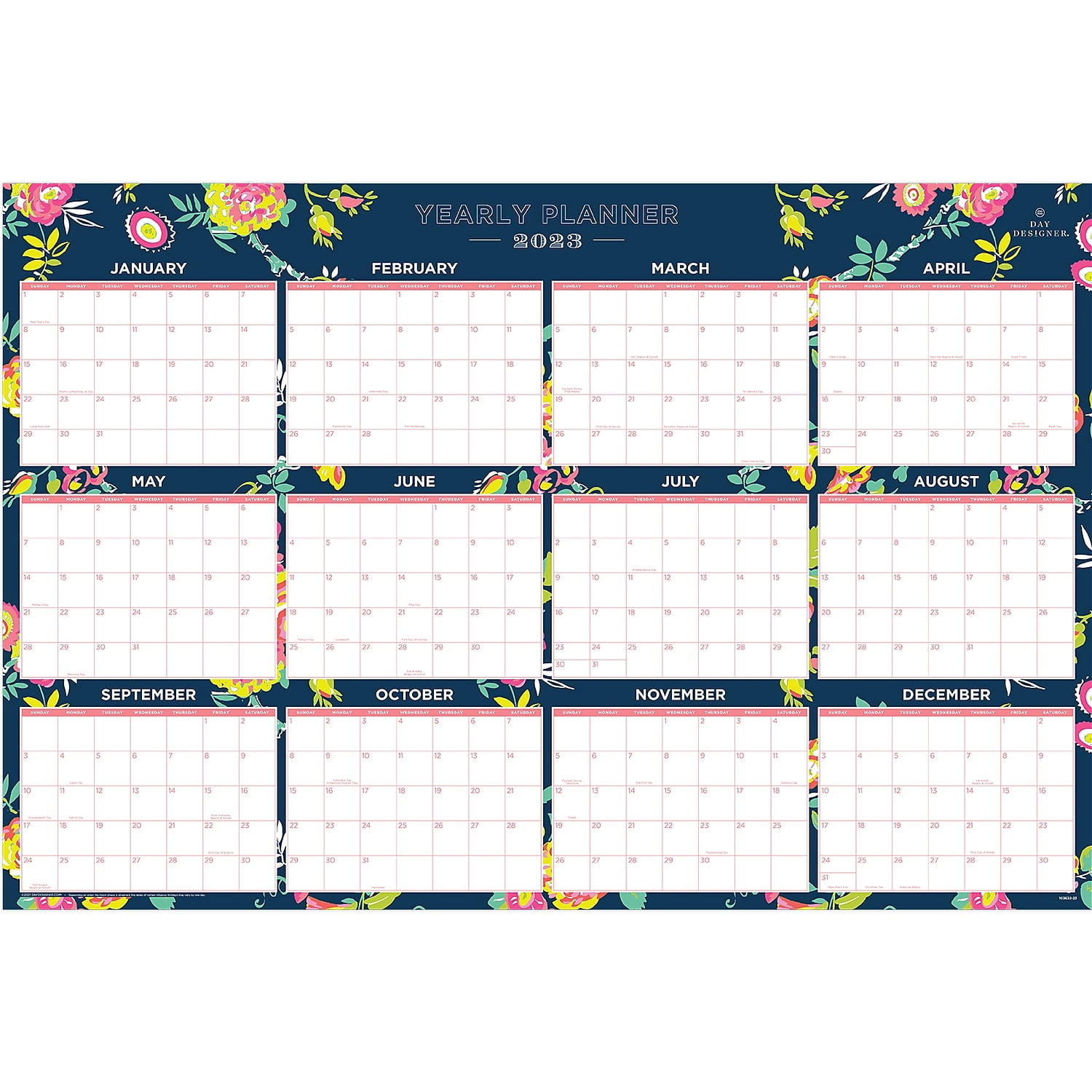 2023 Blue Sky Day Designer Peyton Navy 24'' x 36'' Yearly Dry-Erase Wall Calendar Reversible