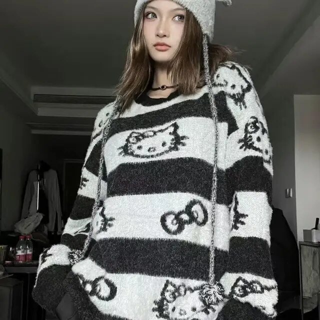 Nouveau Pull Dessin Animé Sanrio Hello Kitty Style Rayé Paresseux Imprimé Kitty Style Couple Pull de Base Veste Pull