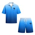 thumbnail image 4 of Men Shorts Outfit Gradient Ombre Waffle Knit 2 Piece Set,Zip Polo With Los Angeles Letter Print & Drawstring Blue XXXXXXL, 4 of 4