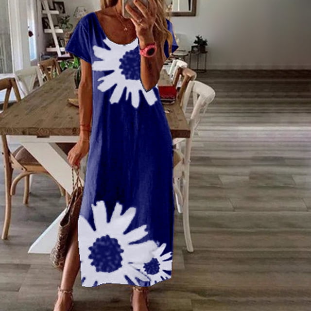 SMihono Robe d'Été Bohème pour Femmes Grande Taille Mode Confortable Décontractée Col Rond Manches Courtes Imprimée Fendue
