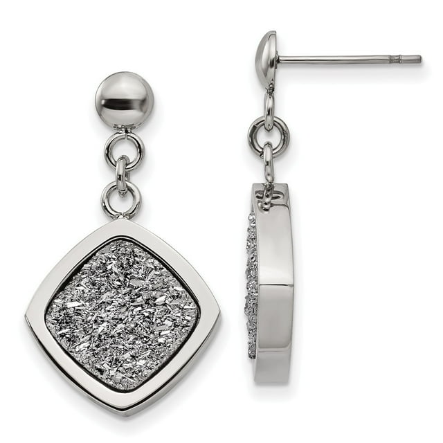 Boucles d'Oreilles Pendantes Longues en Acier Inoxydable Poli avec Argent Druzy pour Femmes