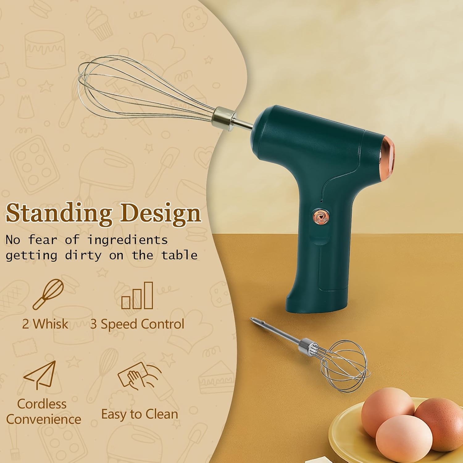 Cordless Electric Hand Mixer USB Rechargeable 304 Stainless Steel 3 Speed Modes Detachable Stir Whisks Portable Kitchen Baking Tool