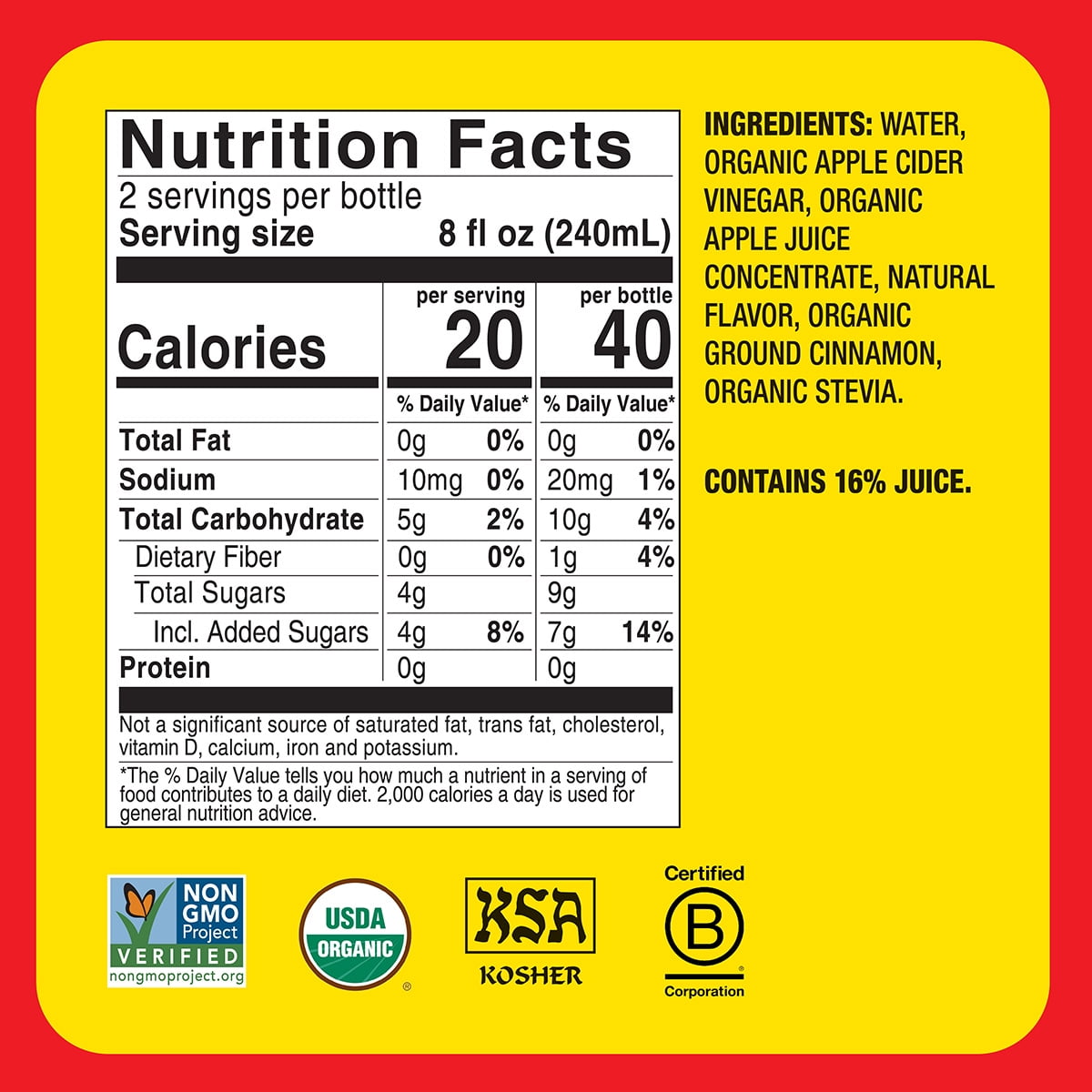 Bragg Organic Apple Cider Vinegar Refresher, Apple Cinnamon, 16 fl oz