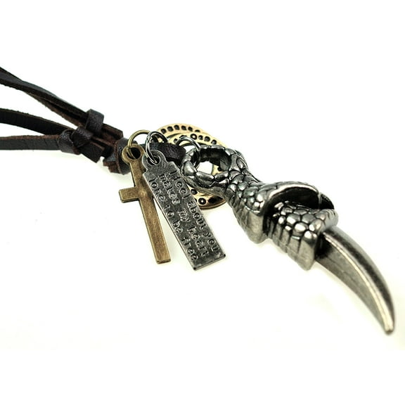 Fashion Jewelry Vintage Bronze Dragon Claw Pendant Tribal Leather Adjustable Necklace - Men Women