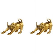 2X Feng Fortune Brass Bull Statue, Sculpture Golden Copper Bull Represents Good of Career